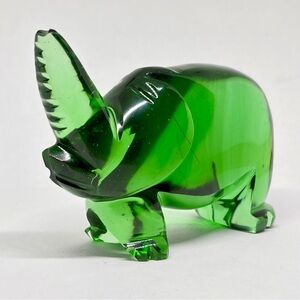 Vintage Hand Carved Abstract Art Deco Elephant Rhino Czech Green Glass Sculpture